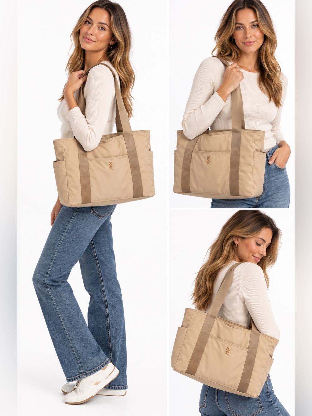 Rhone Beige Nylon Tote Bag Large Multi-Pocket Work Gym Travel Bag